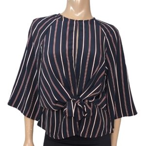 Revamped Striped Tie Front Blouse Womens Size Medium Blue Red Kimono Sleeve